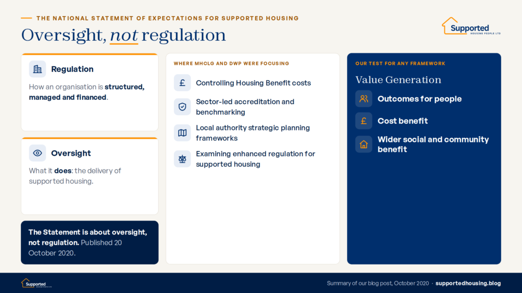 Infographic explaining that the National Statement of Expectations for Supported Housing is about oversight rather than regulation, the government focus areas, and the Value Generation principles.