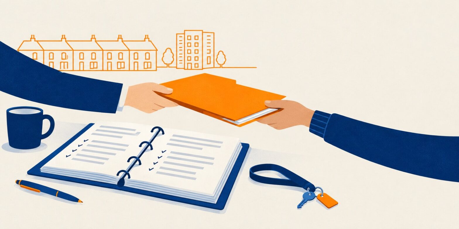 Illustration of two hands passing a folder over an open manual on a desk, with a line drawing of terraced houses and flats behind