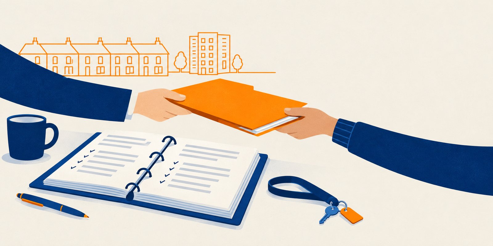 Illustration of two hands passing a folder over an open manual on a desk, with a line drawing of terraced houses and flats behind